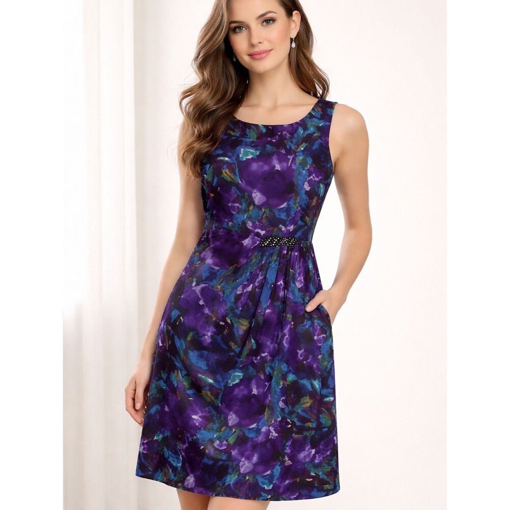 Kay Unger Dress Cocktail Formal RhinestonCinched Waist Purple Sleeveless 22W